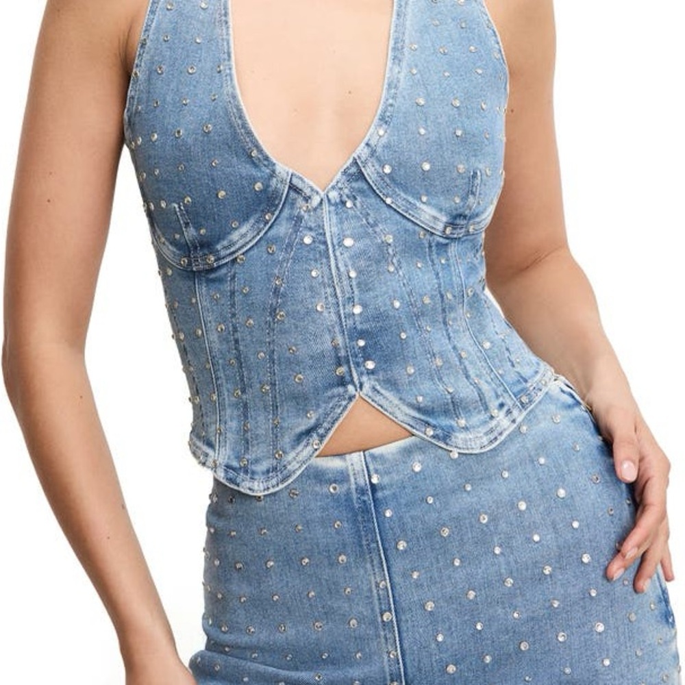 Good American Dolly Crystal Denim Vest Denim and Diamonds XS